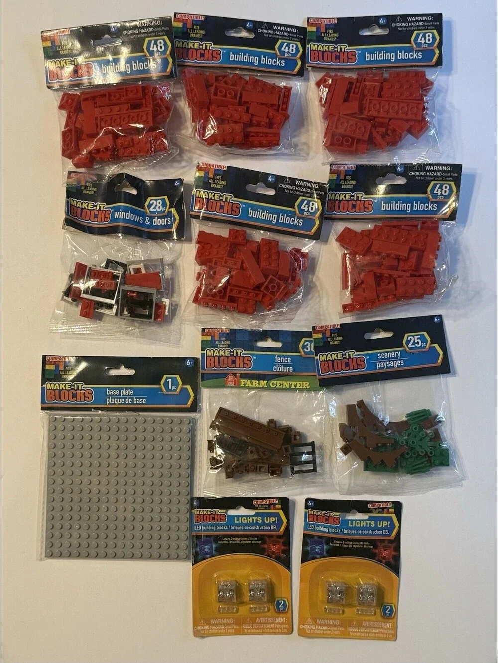 Lot If 11 Make-It Blocks Set, Fits All Leading Brands, Light Ups, Colors, Plate